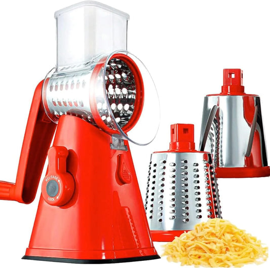 Rotary Cheese Grater Hand Crank, Stainless Steel Rotary Graters for Kitchen with 3 Blades, Vegetable Slicer, Cheese Grater with Suction Cup Base, Dishwasher Safe